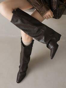 hanxiangyuzu 女士末日风高跟过膝长靴，黑色，尖头，粗跟，牛仔靴，西部风格，2025秋冬新款 - 棕色 - 查看 3