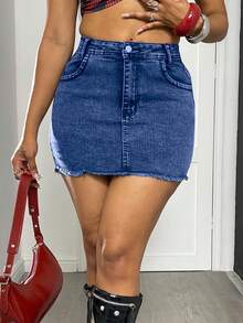 Womens Denim Skirt With Pockets Frayed Hem Elastic Waist Comfortable Casual Summer Fashion - 深色水洗藍 - 查看 5