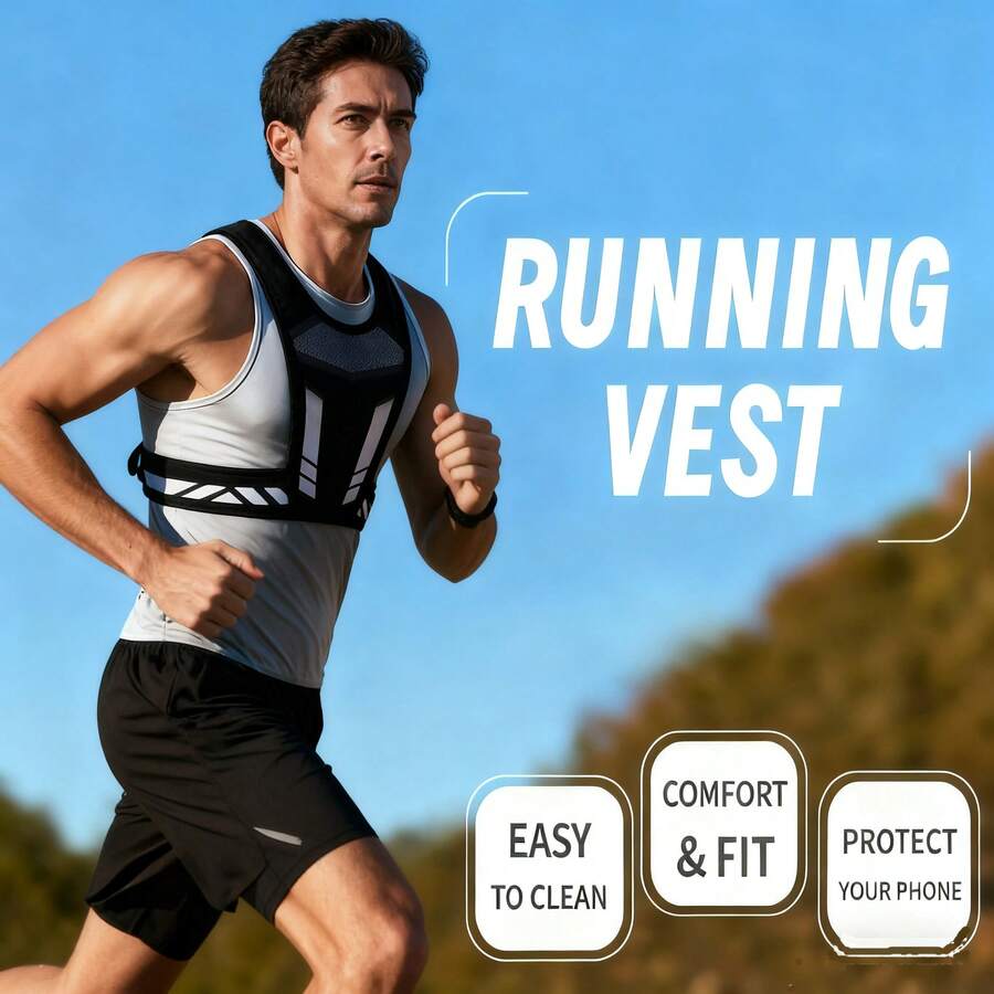 Áo vest chạy bộ có thể điều chỉnh với túi đựng điện thoại, phù hợp cho chạy marathon, unisex, kèm băng đô, màu đen, trang phục chạy bộ thoáng khí, áo vest đựng nước uống kiêm ba lô, dây đeo vai có thể điều chỉnh với túi đựng điện thoại, lý tưởng cho đạp xe và các hoạt động thể thao ngoài trời. - màu đen - Xem 1