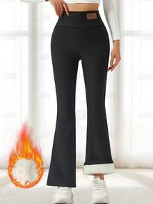 女士休闲日常百搭修身保暖高腰喇叭裤，松紧腰，黑色，冬季款