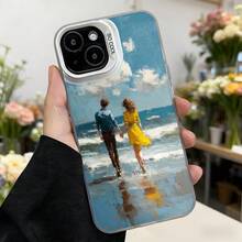 Cubierta de teléfono con diseño de pareja caminando en la playa azul con impresión artística y texto CASETTO para uso diario y ocasiones románticas Aplicable a los teléfonos de la serie Apple y Galaxy - Negro - Ver 3