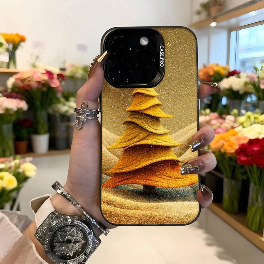 Cubierta de telefono con diseño de arbol dorado brillante para iPhone 14 Pro Max dorada con estampado de arbol navideño y textura de brillo aplicacion ideal para uso diario y ocasiones especiales Aplicable a los teléfonos de la serie Apple y Galaxy - Negro - Ver 1