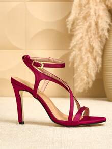 SVRM Women's High Heel Round Toe Satin Criss-Cross Strap Metal Buckle Open Toe Fashion Sandals, Elegant And Sexy For Workplace - Burgundy - View 4
