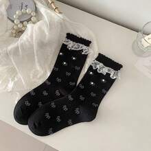 1双洛丽塔风格女士蕾丝边中筒袜，百搭公主/少女串珠荷叶边袜 - 彩色 - 查看 13