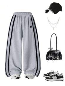 Young Girl Bow Embroidery Contrast Trim Elastic Waist Casual Loose Sports Pants - Grey - View 1