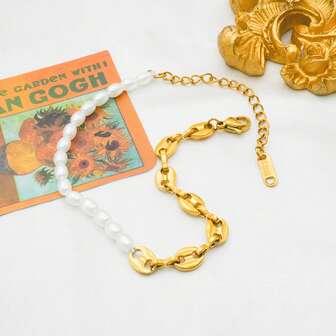 时尚个性化咖啡豆珍珠串珠手链，18K镀金不锈钢材质，独特设计，适合女性日常佩戴