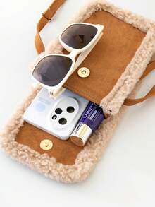 女士仿毛皮斜挎包，新款秋冬可爱毛绒拼接手机包单肩包，时尚优雅麂皮绒面料手提包，配有可调节肩带，是女士休闲外出和日常使用的完美礼物