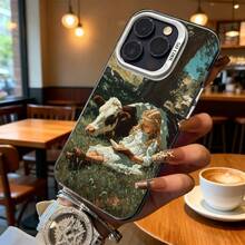 Cubierta de telefono transparente con diseño de niña leyendo con vaca en campo verde para iPhone 14 Pro Max estilo vintage ideal para uso diario en cafeterias y salas de estar - Plateado - Ver 6
