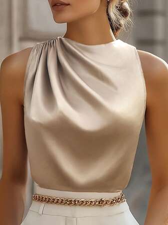 Blusa formal ajustada sin mangas con volantes en los hombros expuestos, color champán, adecuada para ir a la oficina, primavera/verano