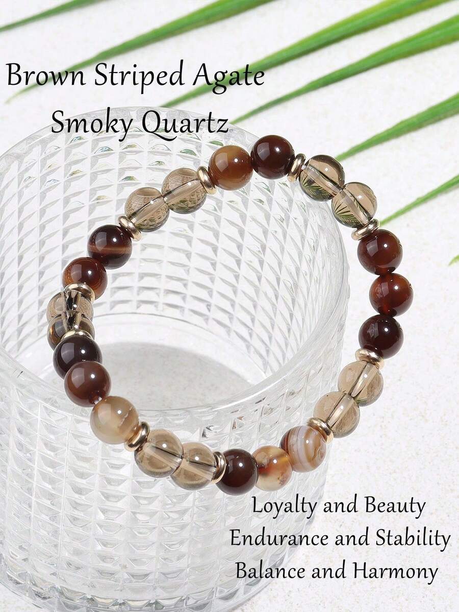 YAUKIA 8mm Brown Striped Agate & Smoky Quartz Bracelets, Brown Crystal Energy Healing Protection Bracelet, Harmony, Balance, Yoga Meditation Jewelry - Multicolor - View 1