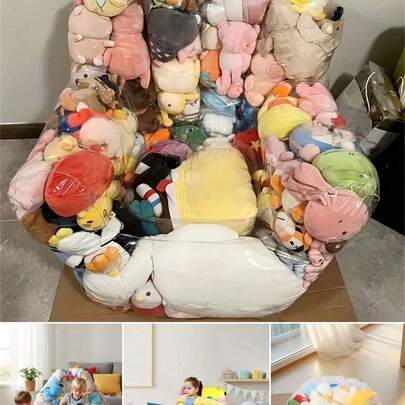 OBOVAY 1个透明大容量娃娃收纳沙发，透明塑料收纳盒带柔软坐垫，可装饰您的婴儿房，多功能凳子可节省卧室和客厅空间，也是理想的礼物，家居装饰，娃娃收纳，结构坚固