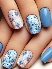 24片中号方形美甲贴纸，蓝色花卉图案，亮面，包含啫喱凝胶和指甲锉，易于粘贴，按压式设计，适合日常美甲佩戴。 - 彩色 - 查看 7
