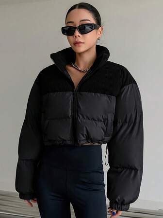 女士短款夹棉大衣，拼色灯芯绒拉链立领，适合秋冬季聚会、约会、日常穿着