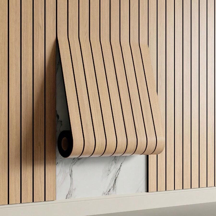 Yutianli PVC Slat Wall Panel Peel And Stick 236"X 15.7" Faux Wood Slat Panel Artificial Oak Wood Grain Self-Adhesive Soundproof 3D Wall Panel For Walls And Ceilings - 236"x15.7"+橡木 - 查看 1
