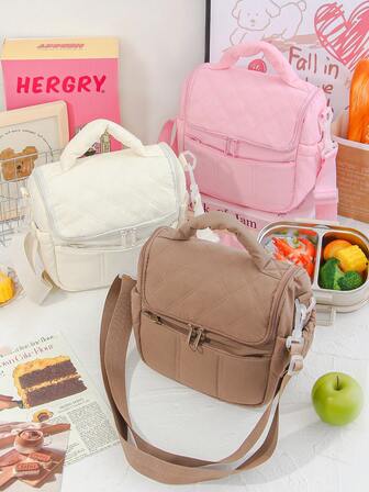 1 件装纯色午餐盒手提包保温斜挎午餐包多口袋云朵四方餐包办公人士午餐盒包绗缝旅行午餐包，以及时尚午餐手提包便携式食品收纳袋可重复使用保温午餐盒小午餐包水果零食收纳手提包适合男女工作旅行野餐手提包