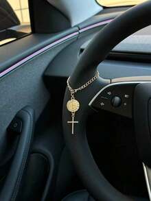 1pc Steering Wheel Decor, 15cm Adjustable Length, Minimalist, Cute, Creative Rosary Beads Car Charm Accessory, Unique Fashion Car Hanging Decoration - 綠色橢圓形盤子 + 水鑽雙十字架 - 查看 2