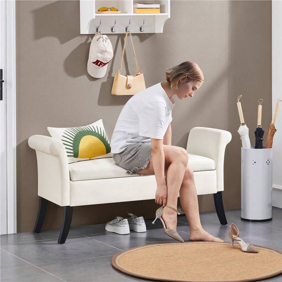 Butterslay 1pc Modern Tufted Storage Bench With Rubebr Wood Legs, Fabric Shoes Stool With Rolled Arms, For Entryway, Shop, Bar - Trắng tươi - Xem 1