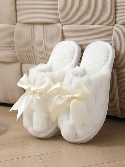 Autumn/Winter Bow Tie Closed Toe Slippers For Women, Lightweight Non-Slip Fluffy Indoor/Outdoor Casual Slippers
