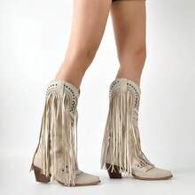 LISHAN Women's Western Cowboy Cowgirl Boots Fringed Tassel Block Heels Embroidered Calf High BootsChristmas - Màu be - Xem 7