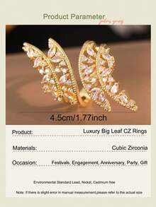 1枚时尚精致大叶形开口立方氧化锆订婚戒指，金色，适合女性，结婚周年纪念派对珠宝礼物 - 金黃色 - 查看 4