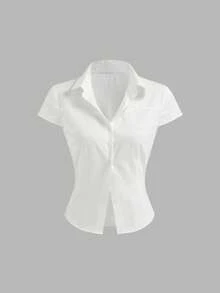 Blusa corta de mujer con cuello y mangas cortas a rayas - Blanco - Ver 1