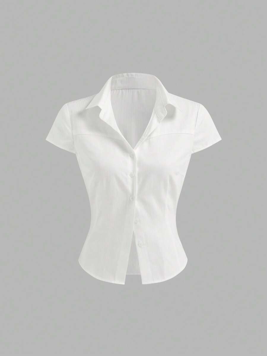 Áo croptop ngắn tay kẻ sọc có cổ dành cho nữ - trắng - Xem 1