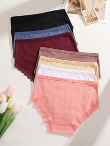 8Pcs Cotton Mid-High Waist Lace-Trimmed French-Style Full-Coverage Women's Briefs In Multiple Sizes, S-XXL Plus Size Women's Panty Sets. - 彩色 - 查看 3