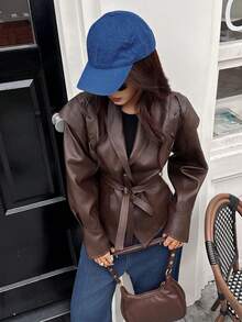 Seelio 秋冬新款女士时尚系带翻领皮夹克 - 棕色 - 查看 2