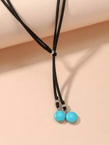 1件可调节波西米亚风天鹅绒绿松石长吊坠项链，适合日常佩戴 - 彩色 - 查看 5