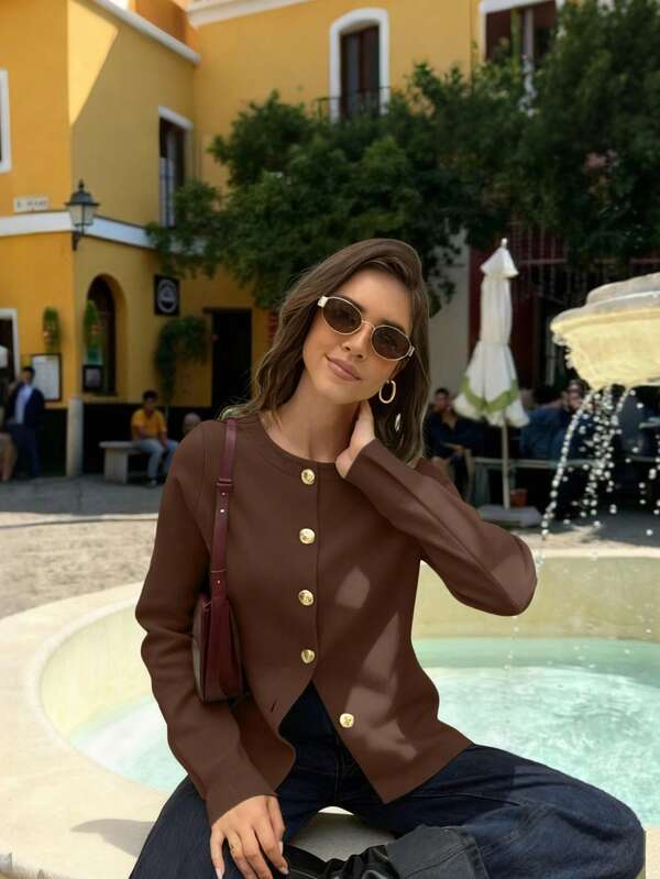 Cárdigan de cuello redondo de unicolor de manga larga para mujer, de otoño e invierno, nuevo suéter de punto casual y versátil de moda, abrigo elegante y ajustado para ir al trabajo, top suelto y simple.