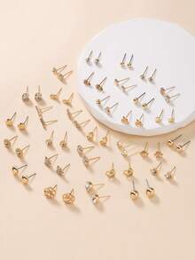 30 pares de pendientes de botón asimétricos con forma de corazón, flor y geometría, con cristales de metal, para uso casual y como regalo - Amarillo Oro - Ver 3