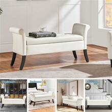 Butterslay 1pc Modern Tufted Storage Bench With Rubebr Wood Legs, Fabric Shoes Stool With Rolled Arms, For Entryway, Shop, Bar - Trắng tươi - Xem 8