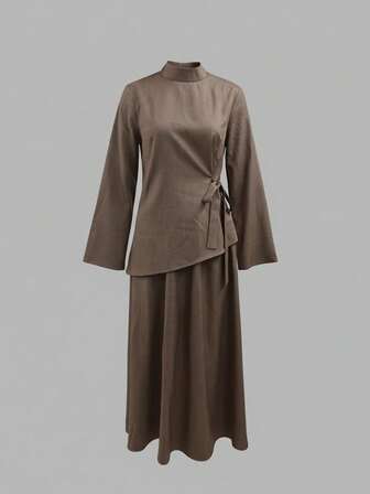 SMILE CHIC Vintage Style 2 Pieces Set: Distressed Flare Sleeve Shirt & Mini Skirt