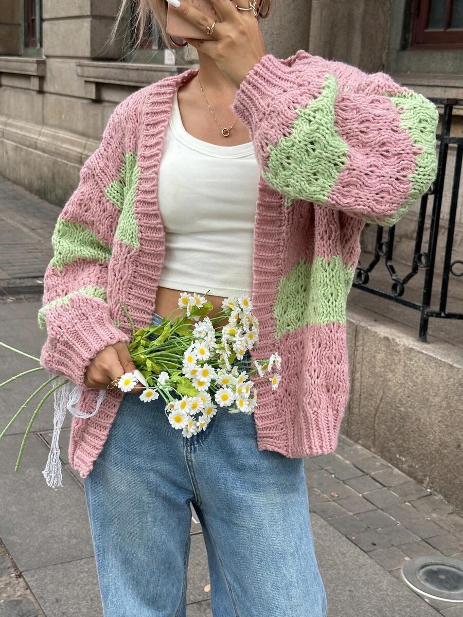 Ladies' Solid Color Jacquard Knitted Cardigan, Casual Autumn/Winter