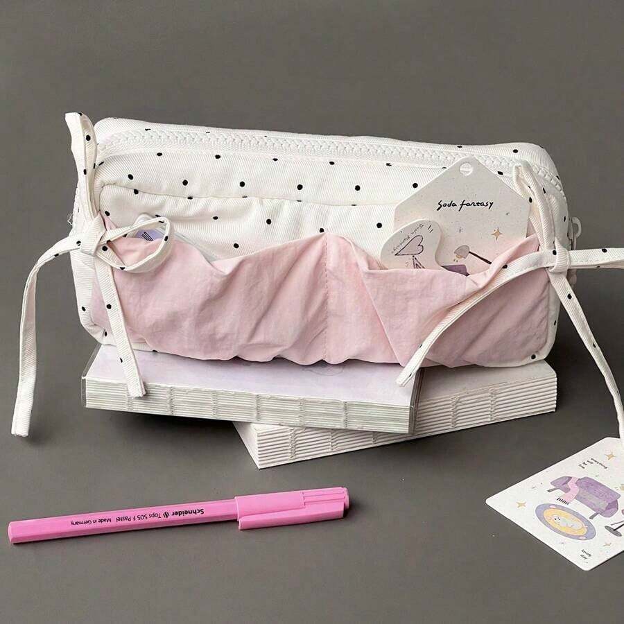 High Appearance, Simple, Niche, Cute, Polka Dot Pencil Case, Large Capacity Student Stationery Box, Makeup Storage Bag - 彩色 - 查看 1