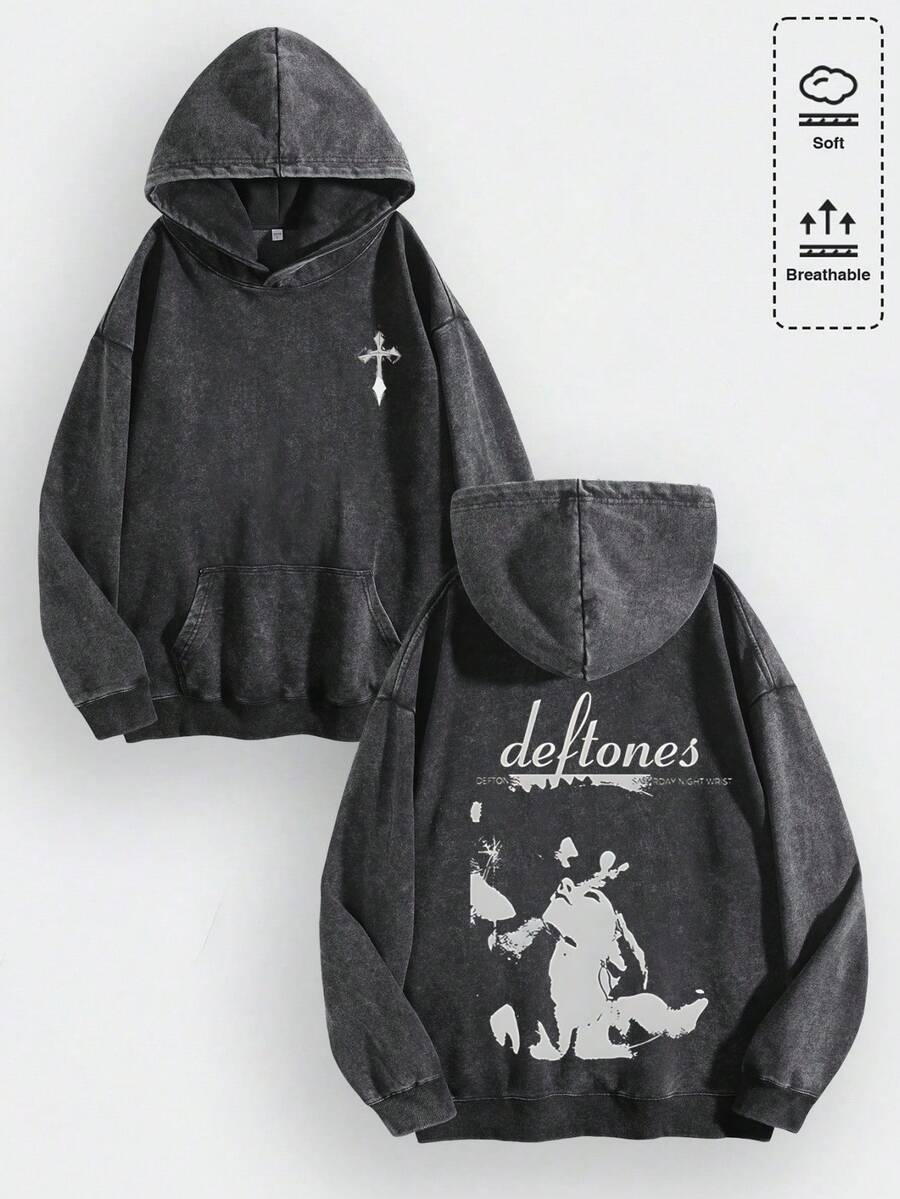 EWH Unisex Y2K "De Ftones" Rock Band Graphic Cotton Hoodie, Retro Casual Fashionable Daily Soft Warm Hoodies For Streetwear & Music Enthusiasts 010-AB - màu đen - Xem 1