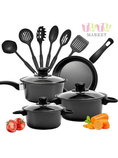 Juego de utensilios de cocina multifuncionales de 13 piezas, sartén antiadherente de cerámica saludable de agarre suave, juego de ollas de cocina de 13 piezas, juego para el hogar con tapa de vidrio templado, revestimiento antiadherente, conducción eficiente del calor, resistente y duradero, excelente sensación, variedad de ollas Los tipos satisfacen las necesidades diarias (azul, morado, rosa)