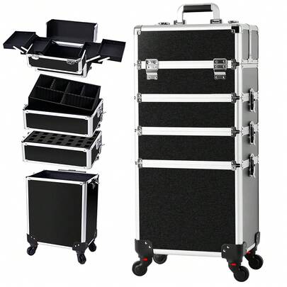 Maletín cosmético alto 4 en 1 para mujer, caja de maquillaje, carrito de maquillaje con ruedas, organizador de maquillaje profesional grande, maletín con ruedas, maletín para manicuristas con cerraduras (negro)