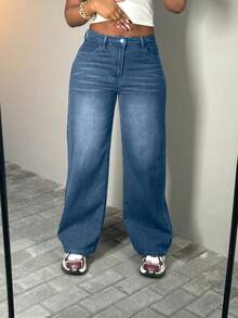 Chicsale Solid Color Casual Fashion Inelastic Jeans, Sexy Straight Pants-Diagonal Pocket Jeans, Women's Wear - 深色水洗藍 - 查看 6