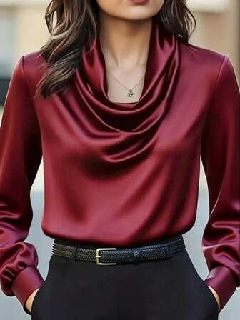 Camisa de manga larga con cuello, de estilo minimalista, elegante e intelectual, de color borgoña, adecuada para primavera y otoño