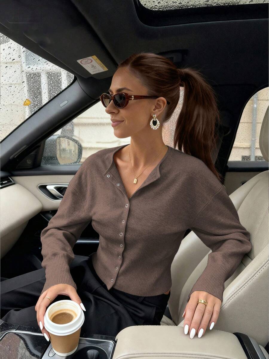 Áo len nữ tay dài màu trơn tối giản, kiểu dáng ôm sát, đa năng, thích hợp mặc đi làm, thời trang thanh lịch, màu trơn, áo len cho năm mới. - Xám nâu pha trộn - Xem 1