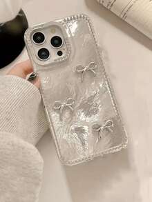 Bow-Knot 1pc Minimalist Feather Chiffon Silver Bowknot Metal Full Coverage Phone Case, Compatible With IPhone 17/17 Air/17 Pro/17 Pro Max/16/15/14/13/12/11/Pro Max/Pro/Plus, TPU Soft Full Frame Case With Rhinestone Lens Protection - Clear - View 2