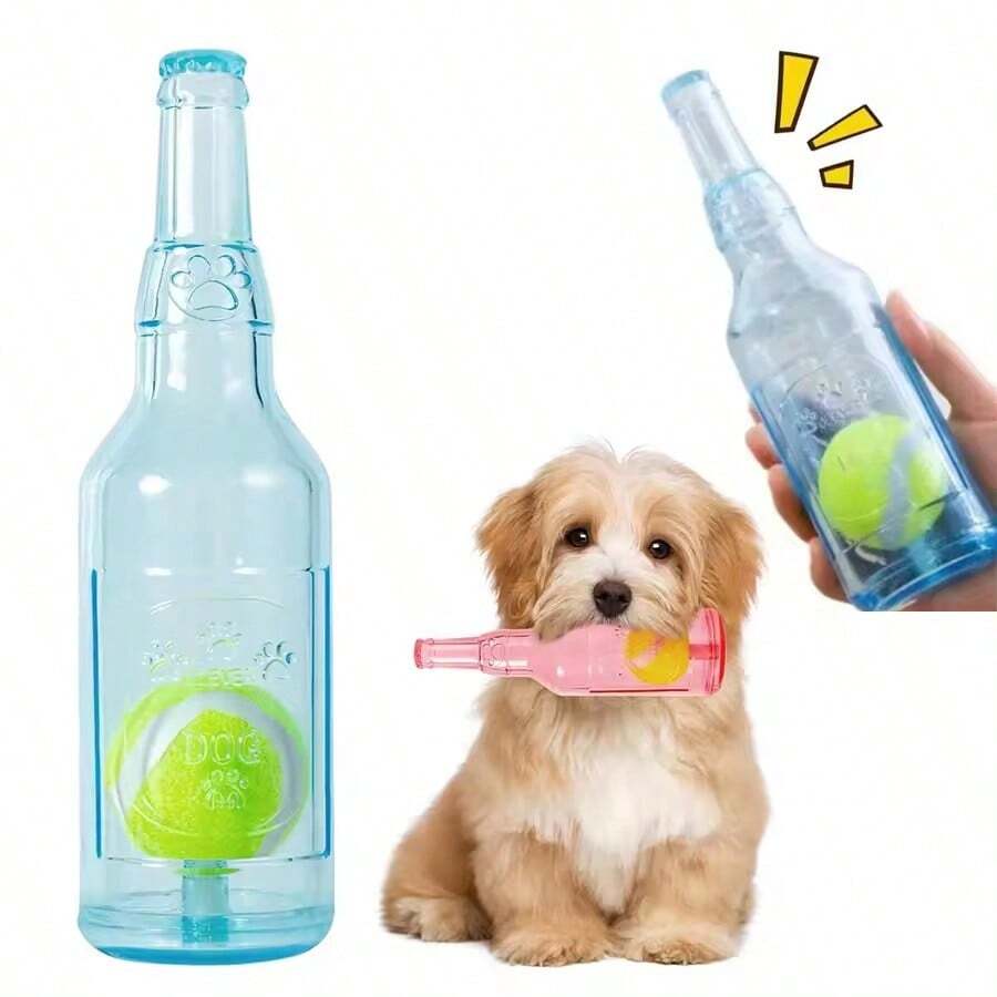 宠物磨牙玩具 TPR 防咬啤酒瓶带网球玩具 幼犬磨牙互动玩具 吱吱作响的硅胶啤酒瓶带网球防咬幼犬玩具 洁牙互动玩具 - 彩色 - 查看 1
