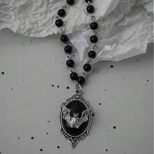 Gothic Bat Cross Dark Pendant Necklace Set, Y2K Personalized Thorn Love Black Bead Stacked Necklace Set, Suitable As Halloween G - Black - View 5