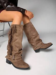 女士冬季过膝靴、百褶靴、女士宽筒马靴、个性流苏装饰西部风格靴、女士秋冬靴、黑色靴子、棕色靴子、套穿式高筒靴 - 卡其色 - 查看 2