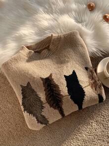 Women'S Cozy Cable Sweater With Playful Cat Print - Beige & Brown, Loose Fit, Long Sleeve, Round Neck, Casual Fall/Winter Top, Casual Winter Wear | Playful Cat Design | Construction, Cat Sweater - Màu be - Xem 2
