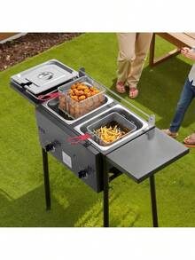Outdoor Propane Deep Fryer, Dual-Tank 8QTx2 Commercial Fryer, Stainless Steel Cooker With Foldable Platform, Dual Basket, And Heat Adjustment, Floor Standing Fryers For Restaurant Home Snack Bar - 8QTx2 - 查看 9