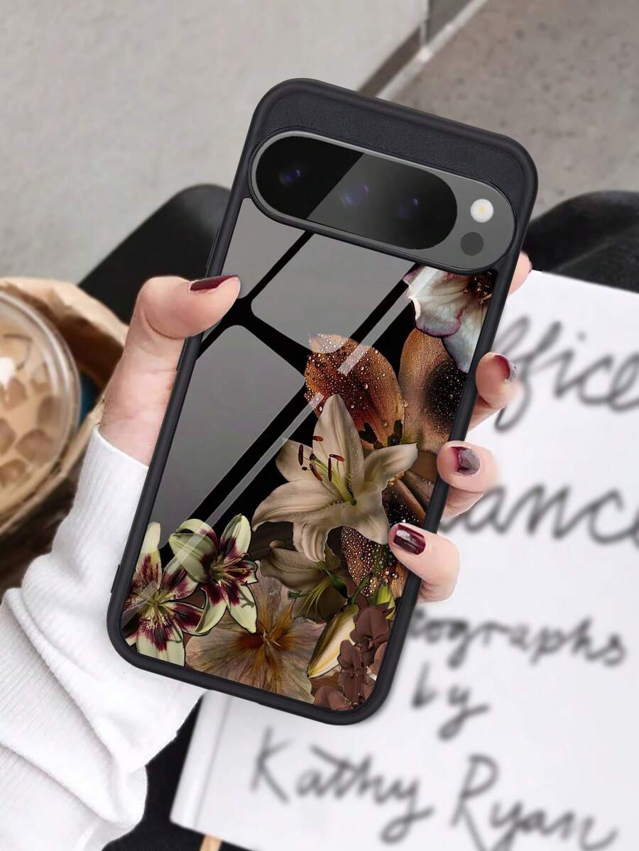 Floral High Definition Glass Phone Case, Suitable For Google 10/9/8/7 Devices, Protective Cover, Floral Design, Durable, Vintage Lovers, Daily Use,International Version, Not The Domestic Version - Black - View 1