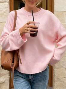 Suéter de punto de cuello redondo rosa romántico de manga larga, suelto y de moda, adecuado para mujeres. Suéter de punto para el Día de San Valentín, Carnaval, Día de San Valentín, Año Nuevo - Rosa - Ver 4