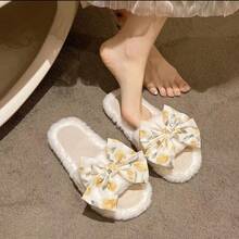 Dwukolorowe, wsuwane, wygodne, grube, polarowe kapcie damskie z kokardką